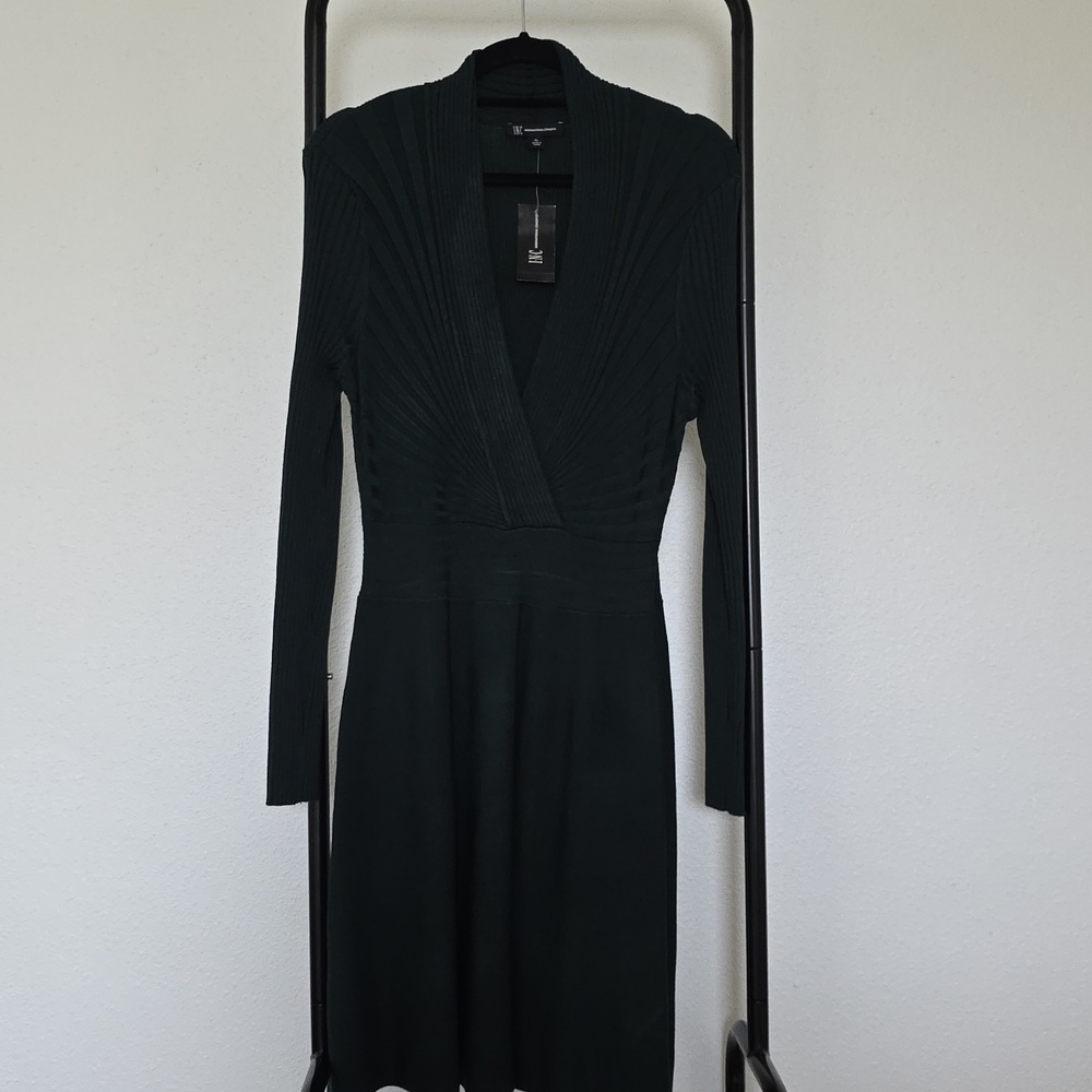 INC International Concepts Dark Green Ribbed V-Neck Long Sleeve Dress
